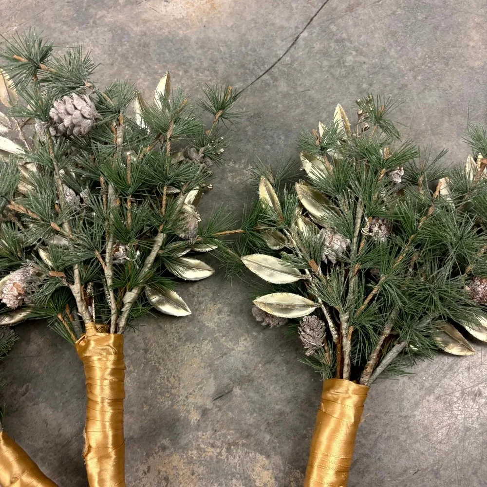 Set of 4 Winter Pine Floral Picks Gold Leaves Pinecones Holiday Christmas Decor